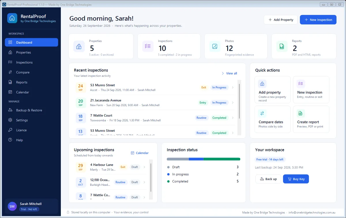Rental Proof dashboard showing property, inspection, photo and report totals with recent inspections and quick actions