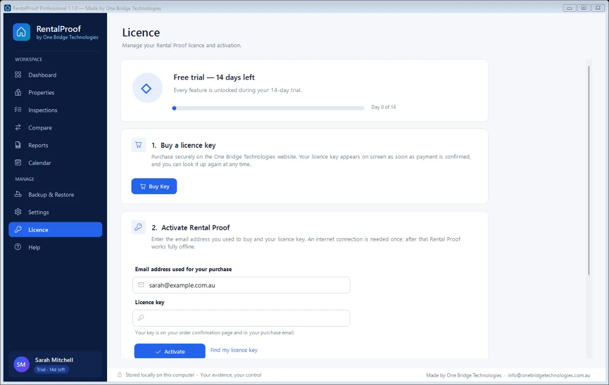 Licence screen showing the free trial progress, a Buy Key button and fields to activate a licence key