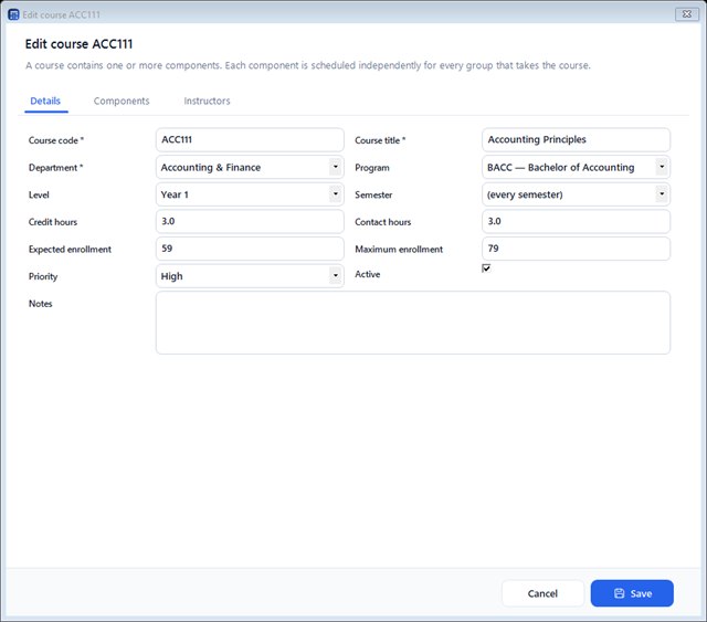 Course editor with details, components and qualified instructors tabs