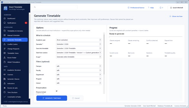 Generate Timetable screen with scope, filters, preservation and optimisation options and a progress panel