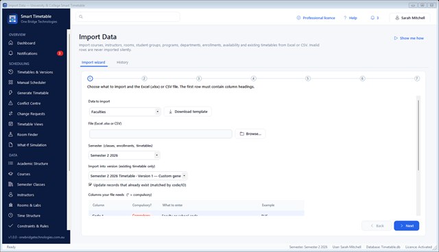 Import wizard showing the data type, template download, file selection and the list of compulsory columns