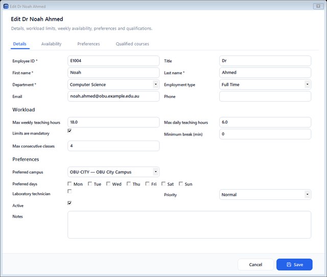 Instructor editor with workload limits and preferences