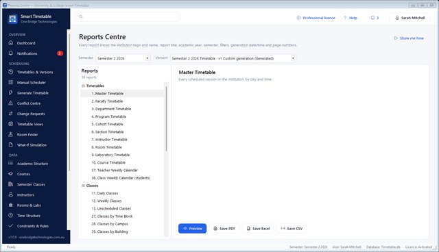 Reports screen with categories, filters and preview