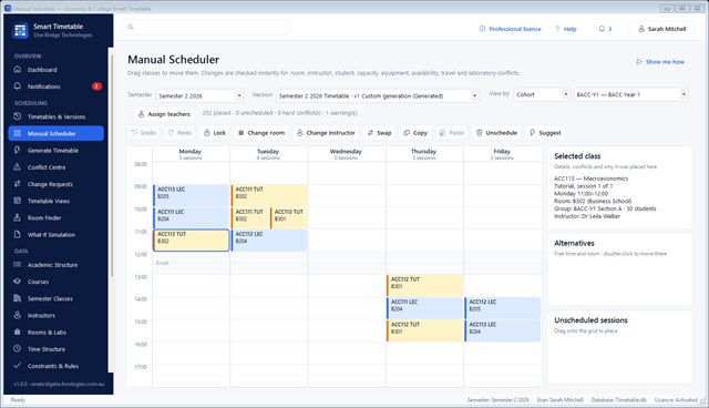 Manual Scheduler week grid with a selected class and its details