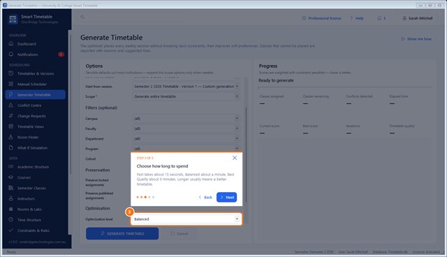 Guided tour highlighting the optimisation level with a numbered step and explanation
