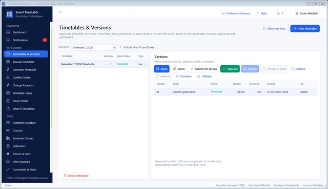 Timetables and versions with review, approve and publish actions