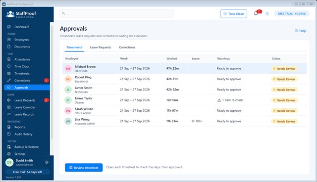 Approvals screen listing timesheets waiting for review