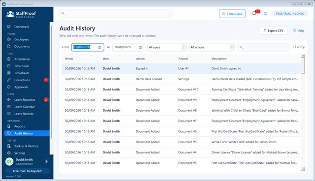 Audit history listing every change with who and when