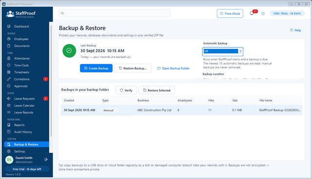 Backup and restore with verified backups