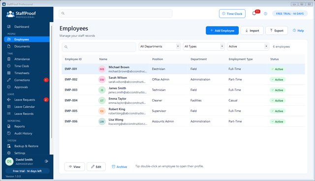 Employee list with photos, positions, departments and status
