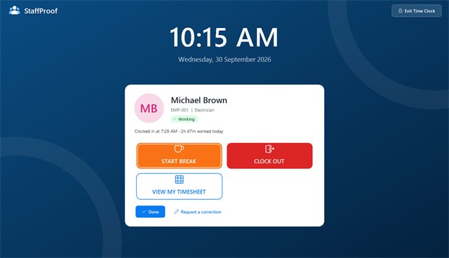 Time Clock actions showing only the valid next step for the employee