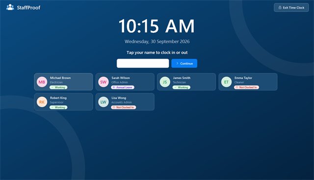 Full-screen Time Clock showing employee tiles and the current time