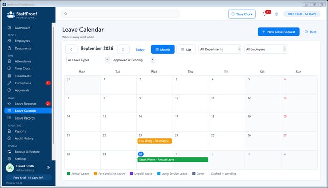 Month leave calendar with approved and pending leave bars