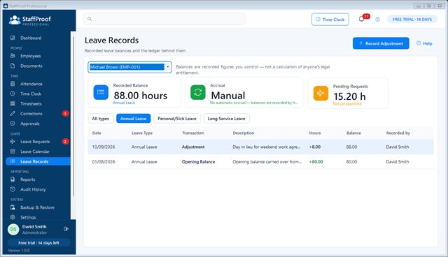 Leave records with running balance and transactions