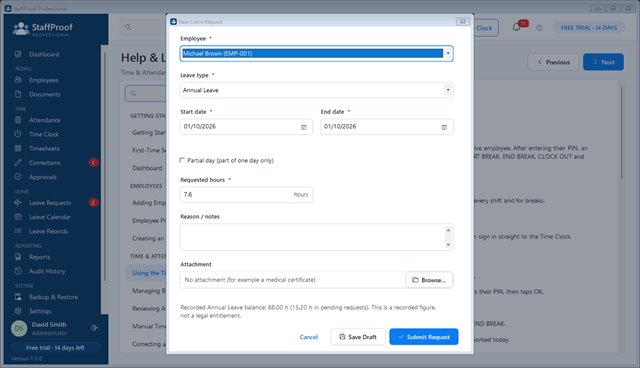 New leave request dialog with leave type, dates, hours and recorded balance