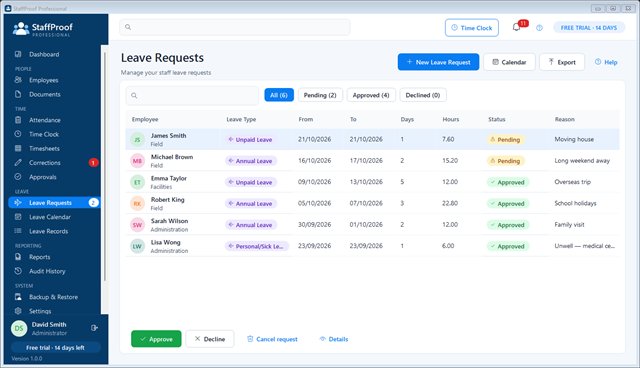 Leave requests with status filters