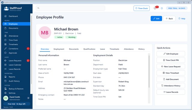 Employee profile overview with contact, employment and quick actions
