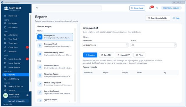 Report Centre with twelve reports and filters