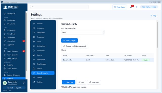 Users and security settings with roles and permissions