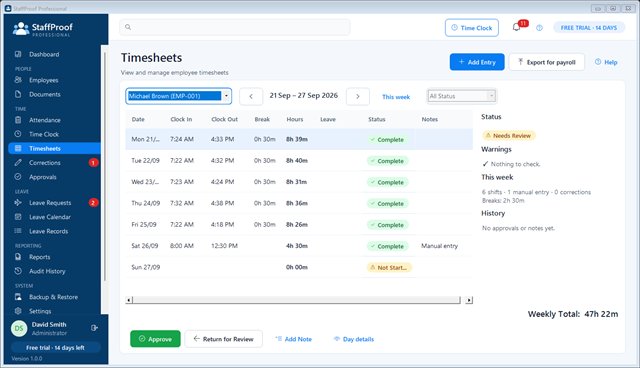 Weekly timesheet for one employee with daily hours, breaks, leave and warnings