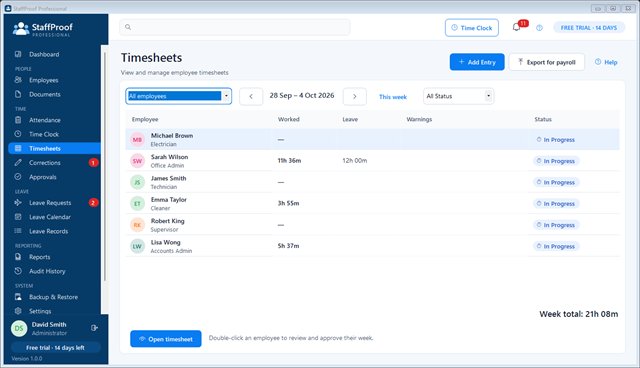 Timesheets for all employees for the week with status and totals